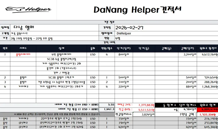 2026년 2월 27일 다낭 4인 SC38 풀빌라와 차량 및 현지 일정을 정리한 황제 투어 견적서