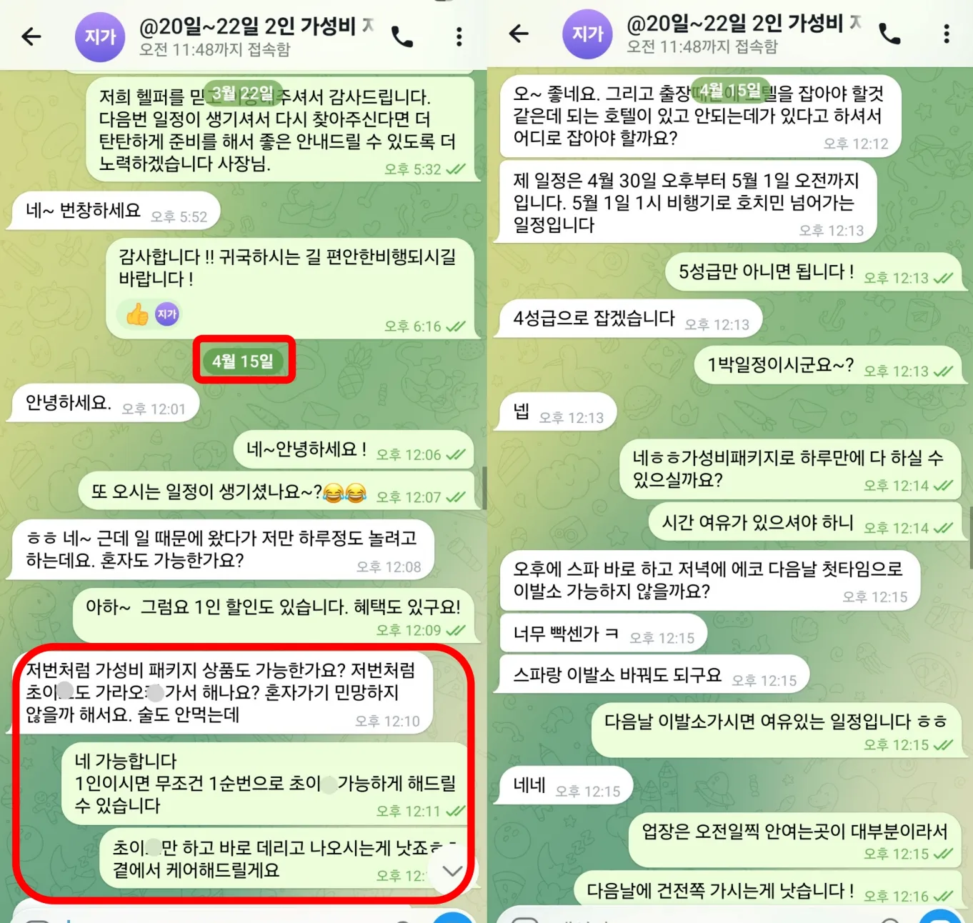 2026년 4월 15일 업무 일정 중 하루 여유가 생긴 재방문 고객이 다낭 1인 가성비 패키지를 문의한 실제 대화