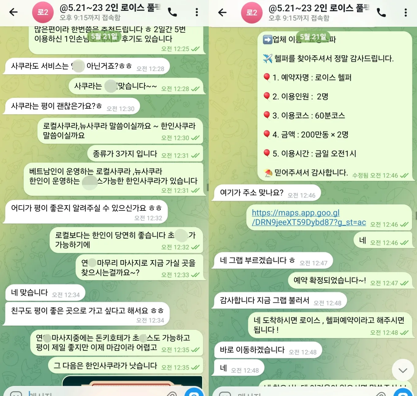 26년 5월 21일 새벽 사쿠라 종류 비교와 한인사쿠라 예약 실제 대화