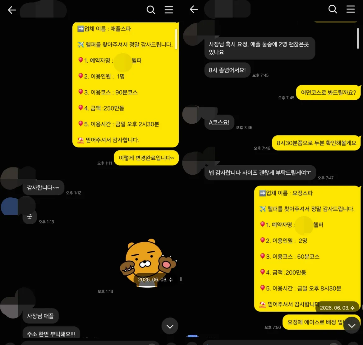 26년 6월 3일 애플스파·요정스파 2인 추가 예약 협의 실제 대화