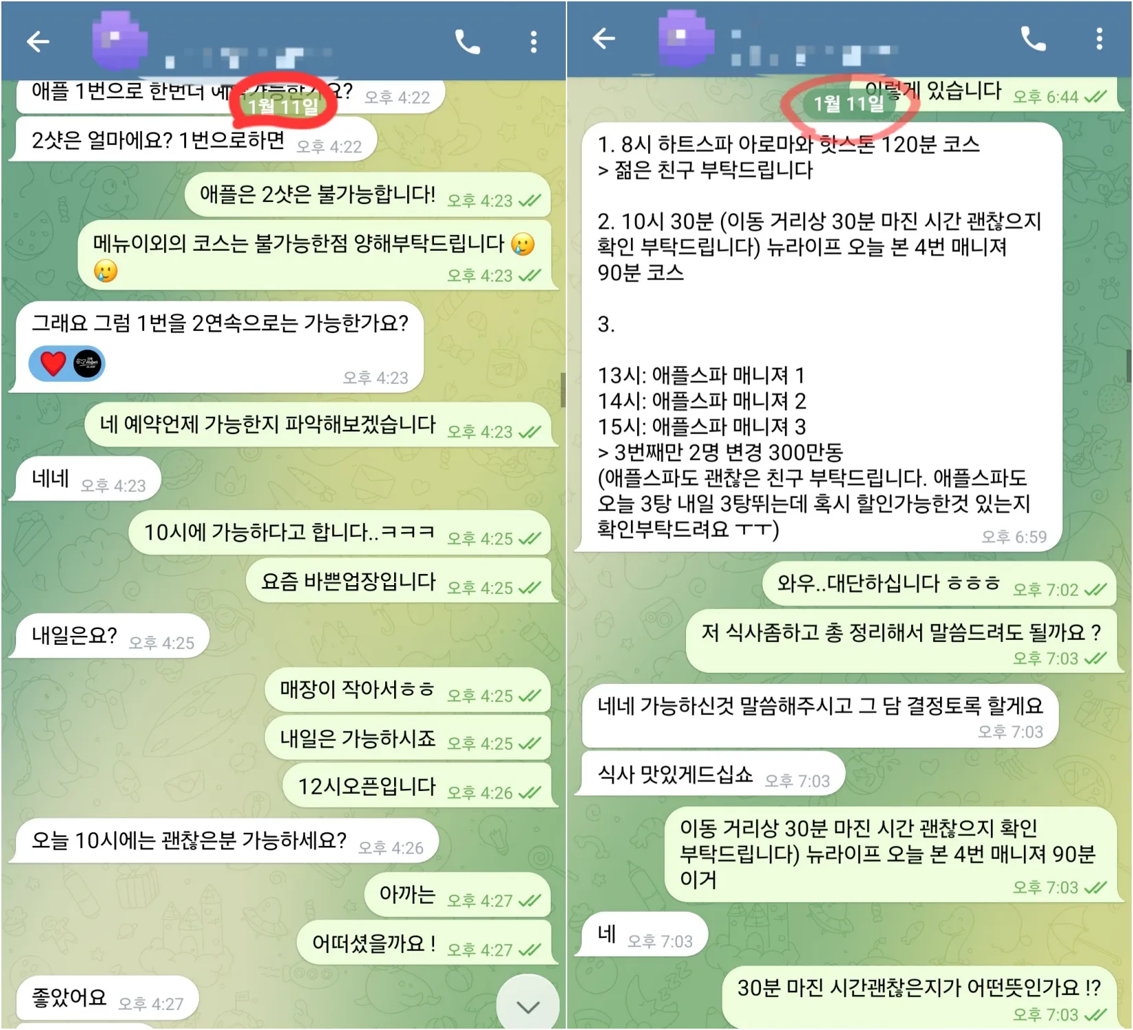 다낭 애플스파 혼자 여행 고객 5회 연속 예약 내역