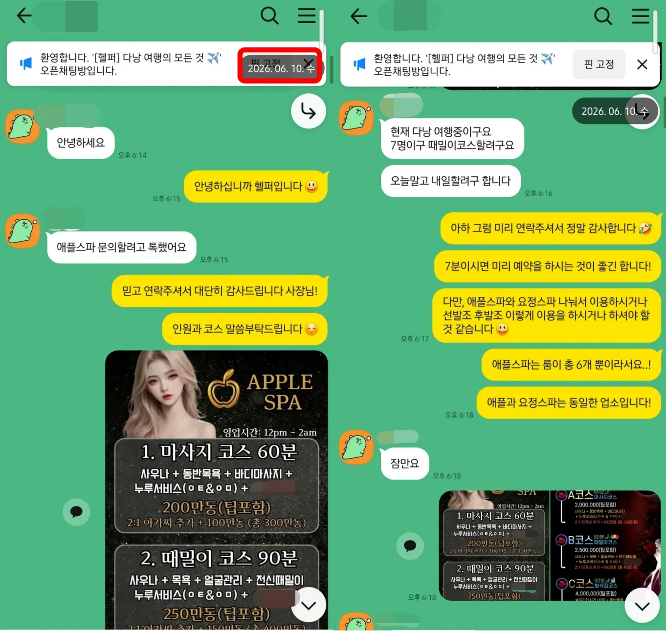 26년 6월 10일 7인 단체 때밀이 문의와 애플스파 요정스파 분산 이용을 제안한 카카오톡 상담