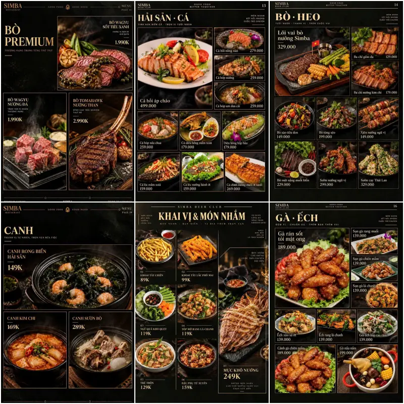 심바 비어클럽 소고기·돼지고기·닭고기·안주·국물 메뉴판